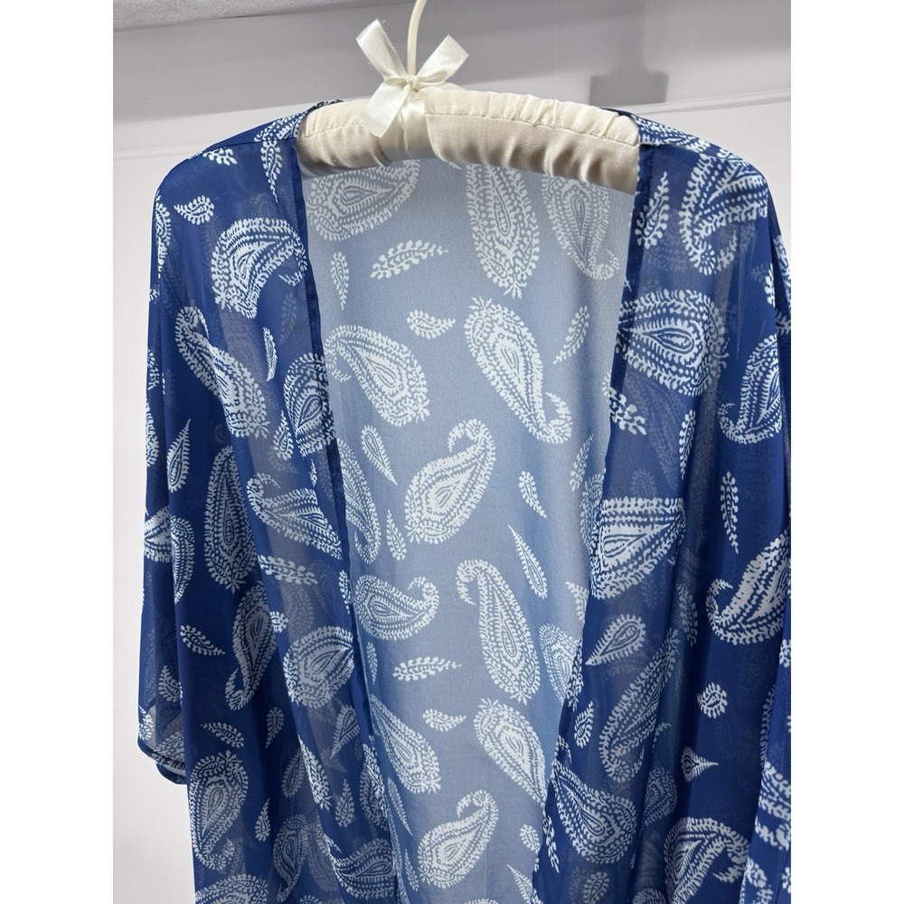 Women's Blue Paisley Sheer Kimono Cover Up Tie Front 3XL Lightweight Resortwear - Picture 3 of 9